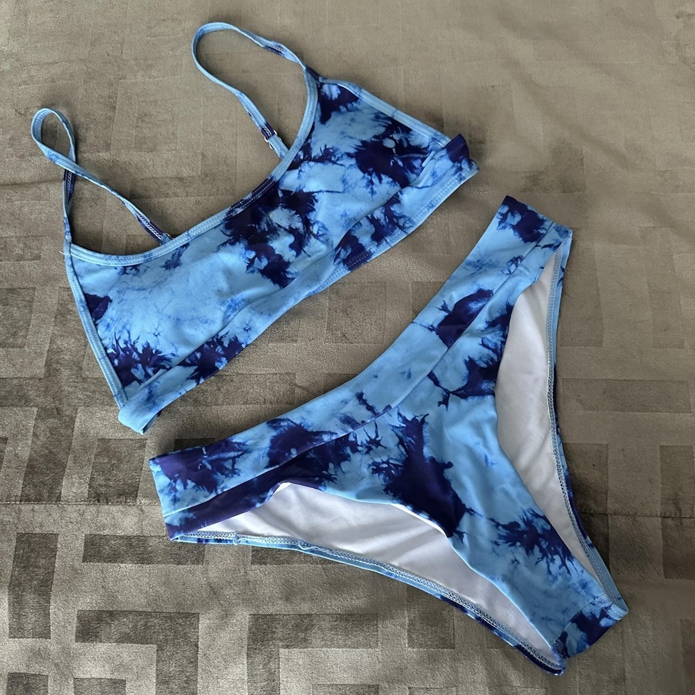 Shein Bikini Set Womens Large Blue Tie Dye Bralette Top Swim Bottom Two Piece